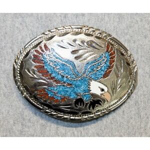 VTG Slvr Toned Turquoise Eagle Western Belt Buckle Rodeo Southwestern 3"X3.25"